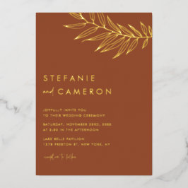 Boho Terracotta Minimalistische Foliage Leaf Weddi Folieneinladung