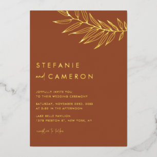 Boho Terracotta Minimalistische Foliage Leaf Weddi Folieneinladung