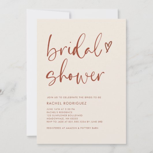 Boho Terracotta Minimalistisches Script-Brautparty Einladung (Vorderseite)