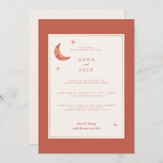 Boho Terracotta Moon Stars Einladung Hochzeit (Vorne/Hinten)