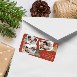 Boho Terracotta Multiphoto Christmas Pine Tree Adressaufkleber