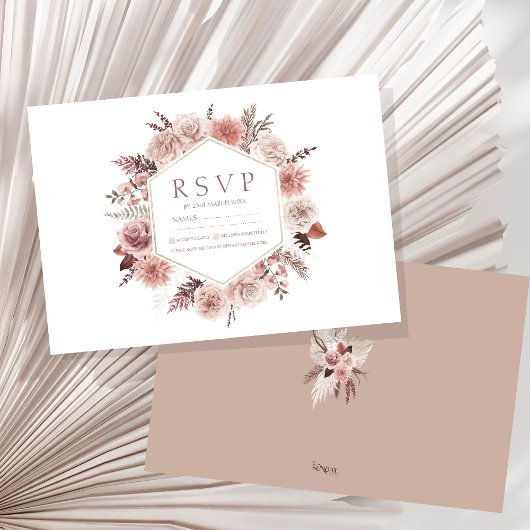 Boho Terracotta Neutral Floral Wreath Wedding RSVP Karte