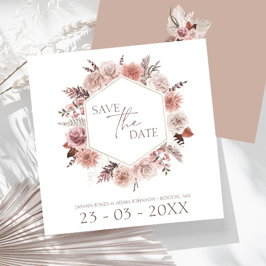 Boho Terracotta Neutral Floral Wreath Wedding Save The Date