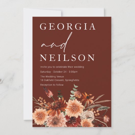 Boho Terracotta Orange & Brown Fall Wedding Einladung (Vorderseite)