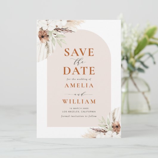 Boho terracotta pampas arch Save the Date (Stehend Vorderseite)
