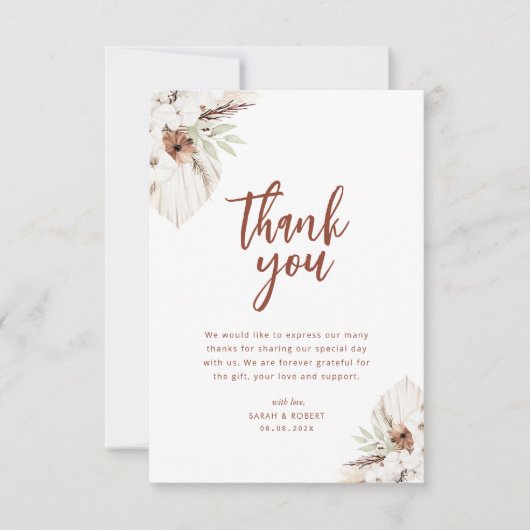 boho terracotta pampas fallen floral danke Karte (Vorderseite)