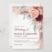Boho Terracotta Pampas Floral Burgundy Wedding Einladung (Vorderseite)