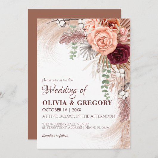 Boho Terracotta Pampas Floral Burgundy Wedding Einladung (Vorne/Hinten)