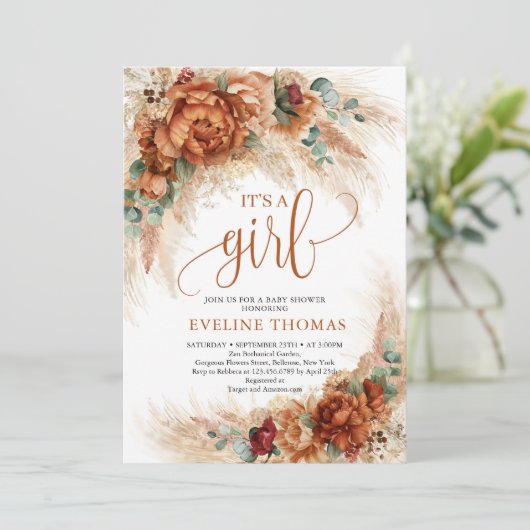 Boho terracotta pampas gras getrocknete Palme Euka Einladung (Stehend Vorderseite)