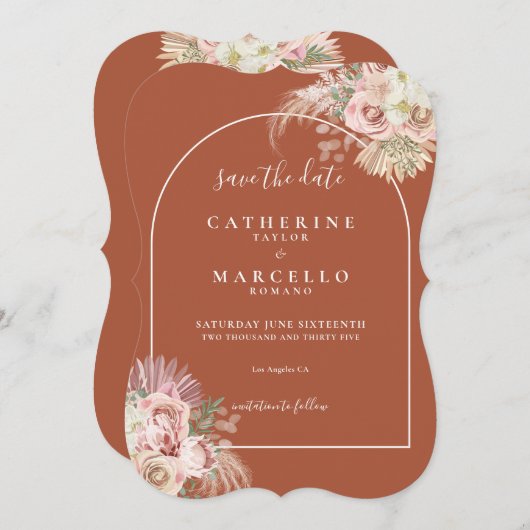 Boho Terracotta Pampas Grass Arch Floral Wedding S Save The Date (Vorne/Hinten)