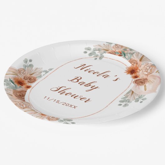 Boho Terracotta Pampas Grass Baby Dusche Pappteller (Schrägansicht)