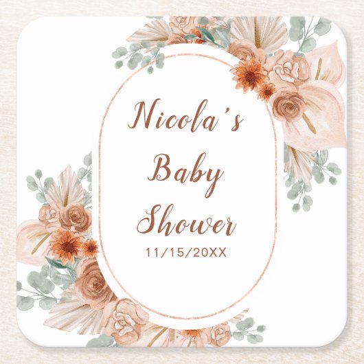 Boho Terracotta Pampas Grass Baby Shower Rechteckiger Pappuntersetzer (Vorderseite)