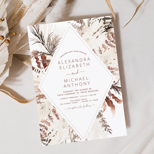 Boho Terracotta Pampas Grass Beige Wedding Einladung