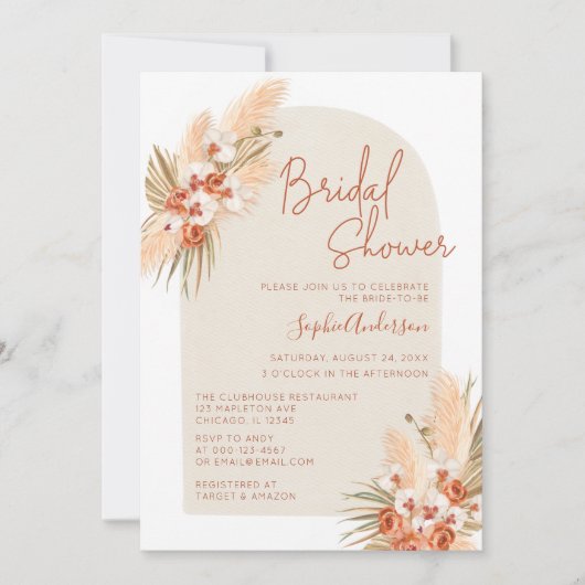 Boho Terracotta Pampas Grass Brautparty Einladung (Vorderseite)