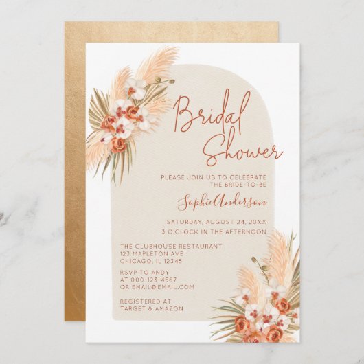 Boho Terracotta Pampas Grass Brautparty Einladung (Vorne/Hinten)