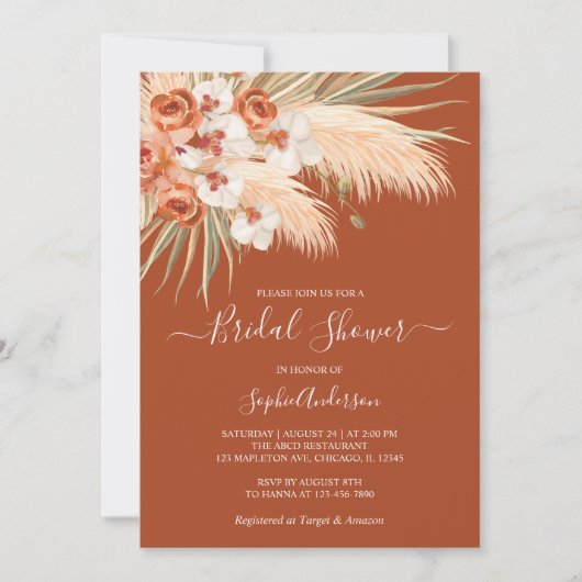 Boho Terracotta Pampas Grass Brautparty Einladung (Vorderseite)