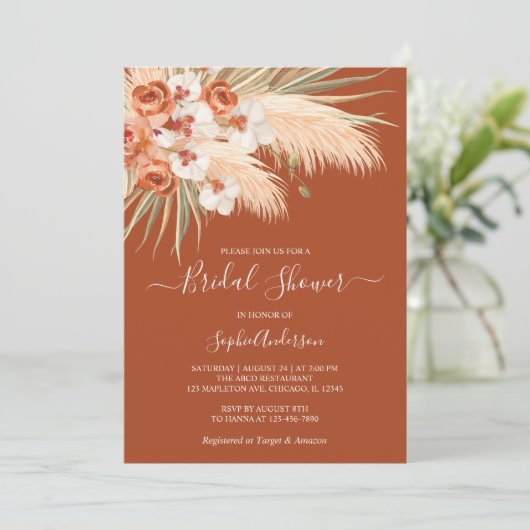 Boho Terracotta Pampas Grass Brautparty Einladung (Stehend Vorderseite)
