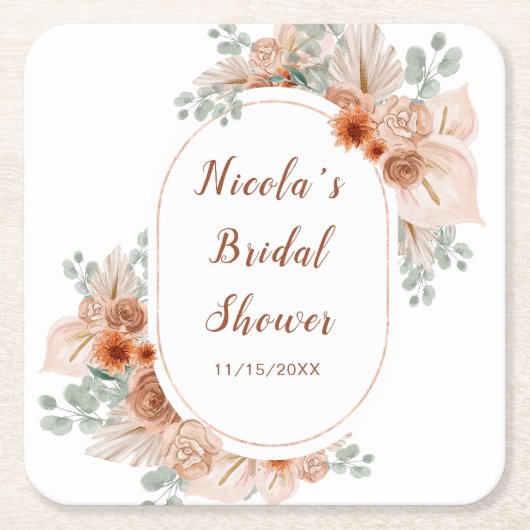 Boho Terracotta Pampas Grass Brautparty Rechteckiger Pappuntersetzer (Vorderseite)