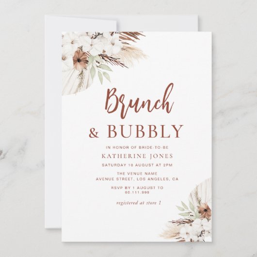 Boho terracotta pampas grass brunch & bubbly einladung (Vorderseite)