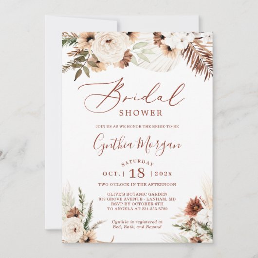 Boho Terracotta Pampas Grass Floral Brautparty Einladung (Vorderseite)