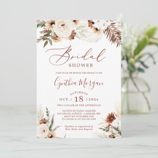 Boho Terracotta Pampas Grass Floral Brautparty Einladung (Stehend Vorderseite)