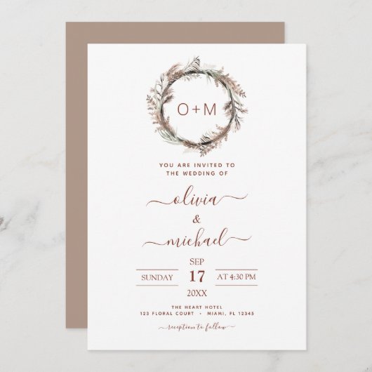 Boho Terracotta Pampas Grass Monogram Wedding Invi Einladung (Vorne/Hinten)