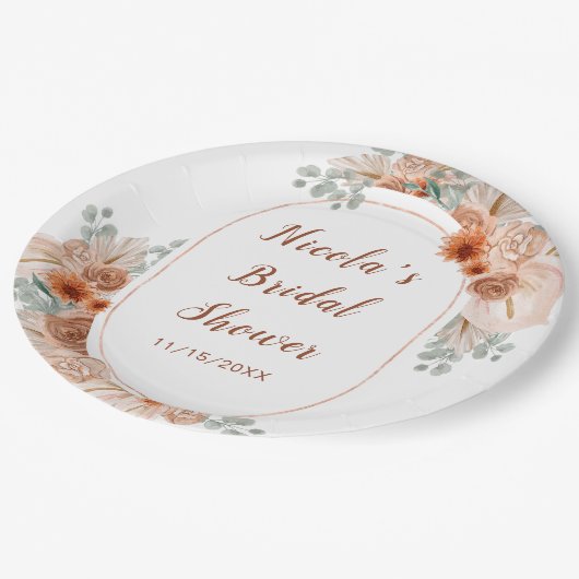 Boho Terracotta Pampas Grass Pappteller (Schrägansicht)