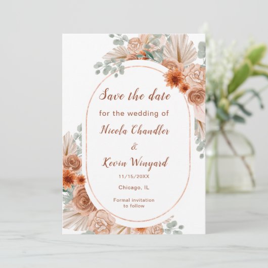 Boho Terracotta Pampas Grass Save the Date (Stehend Vorderseite)