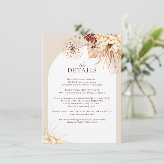 Boho Terracotta Pampas Grass Wedding Detail Cards Begleitkarte (Stehend Vorderseite)