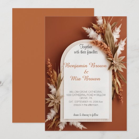 Boho Terracotta Pampas Grass Wedding Einladung (Vorne/Hinten)