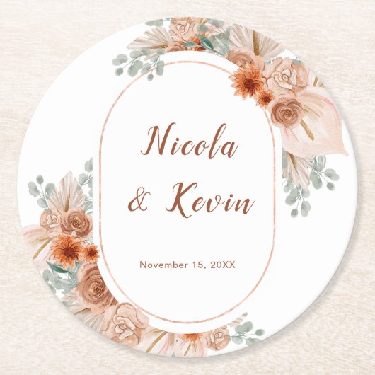 Boho Terracotta Pampas Grass Wedding Runder Pappuntersetzer (Vorderseite)