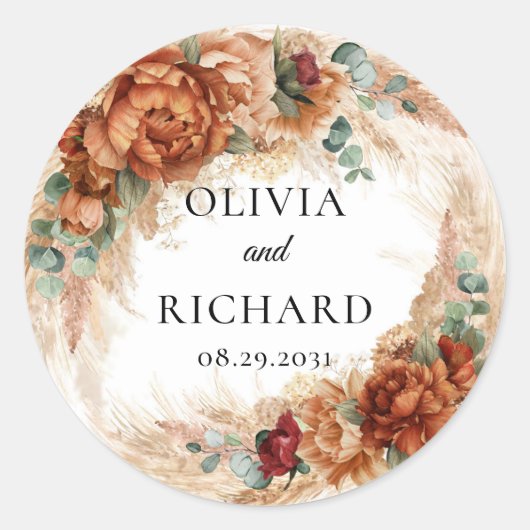 Boho terracotta Pampas Grünpflanzen Kupfer Blüte Runder Aufkleber (Vorderseite)