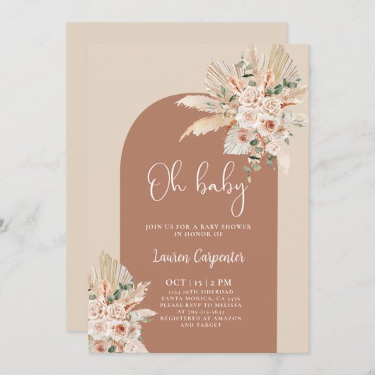 Boho Terracotta Pampas Kinderdusche Einladung (Vorne/Hinten)