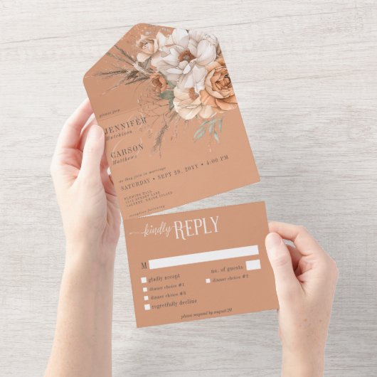 Boho Terracotta Peach & Cream All In One Einladung (Abreißen)