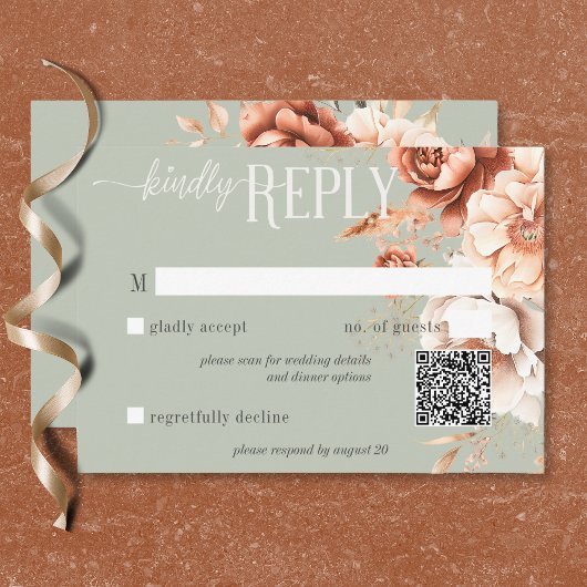 Boho Terracotta Peach Cream Floral Green QR Code RSVP Karte