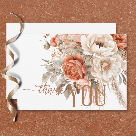 Boho Terracotta Peach & Cream Floral White Wedding Dankeskarte