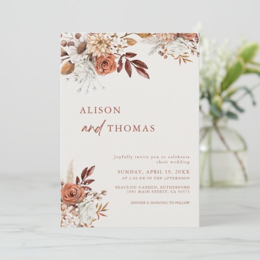 Boho Terracotta QR Code 2 in 1 Hochzeit Einladung (Stehend Vorderseite)