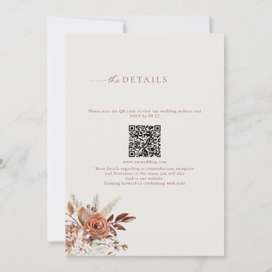 Boho Terracotta QR Code 2 in 1 Hochzeit Einladung (Rückseite)