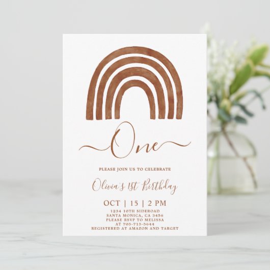 Boho Terracotta Rainbow 1. Geburtstag Einladung (Stehend Vorderseite)