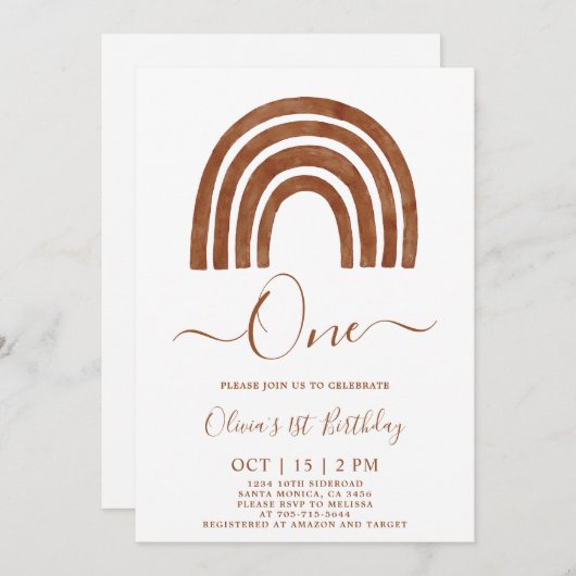 Boho Terracotta Rainbow 1. Geburtstag Einladung (Vorne/Hinten)