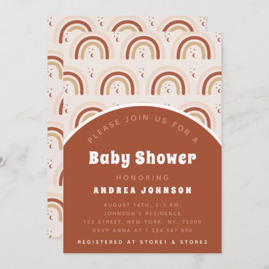 Boho Terracotta Rainbow Moon Pattern Babydusche Einladung (Vorne/Hinten)