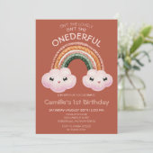 Boho Terracotta Regenbogenwolken 1. Geburtstag Einladung (Stehend Vorderseite)