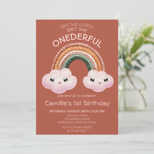 Boho Terracotta Regenbogenwolken 1. Geburtstag Einladung (Stehend Vorderseite)