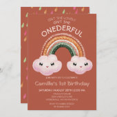 Boho Terracotta Regenbogenwolken 1. Geburtstag Einladung (Vorne/Hinten)