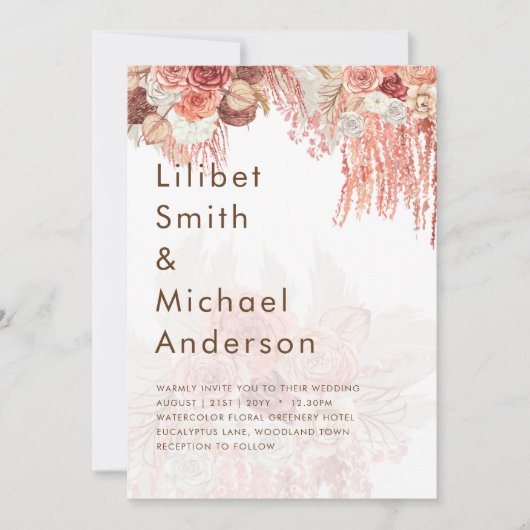 Boho Terracotta Rose Pampas Grass Floral Wedding Einladung (Vorderseite)