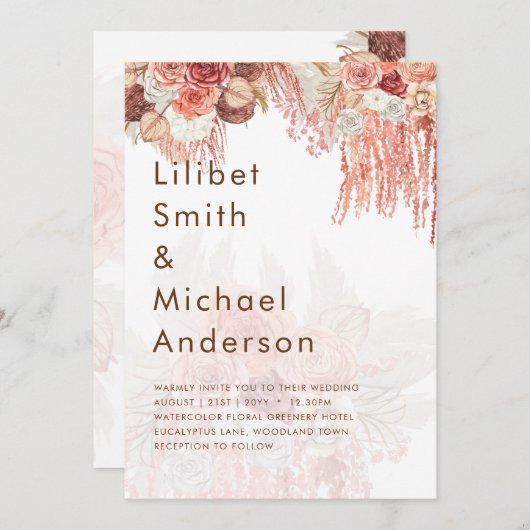 Boho Terracotta Rose Pampas Grass Floral Wedding Einladung (Vorne/Hinten)