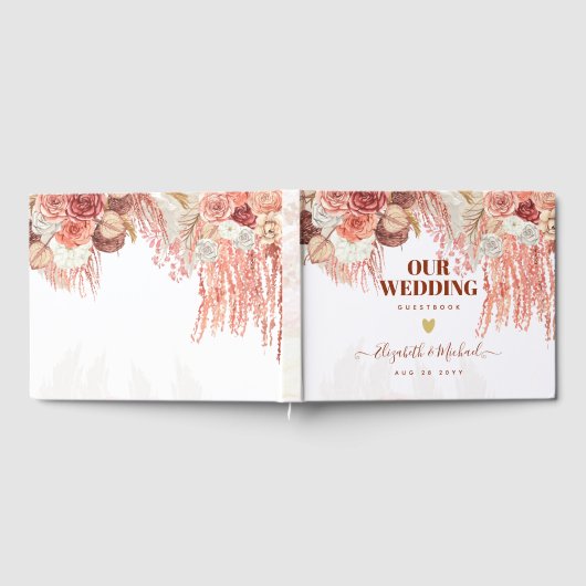 Boho Terracotta Rose Pampas Grass Floral Wedding Gästebuch (Voll)