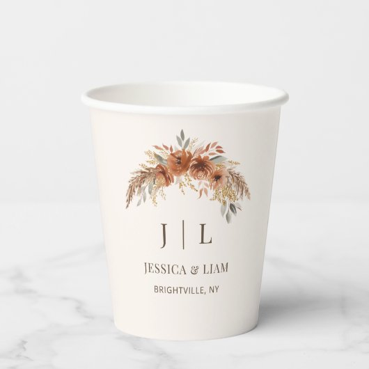 Boho Terracotta Rust Fall Floral Wedding Pappbecher (Rückseite)