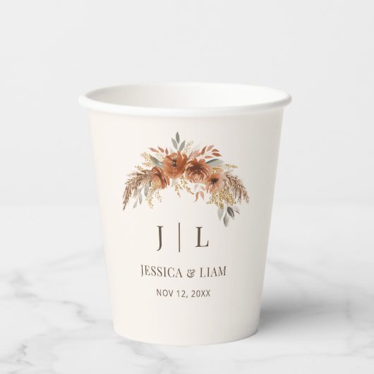 Boho Terracotta Rust Fall Floral Wedding Pappbecher (Vorderseite)