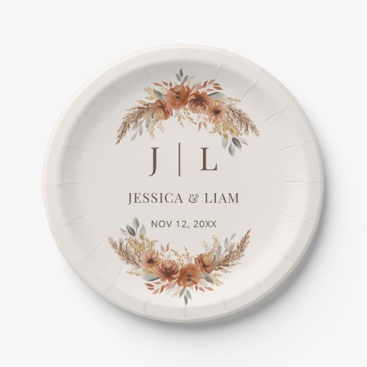 Boho Terracotta Rust Fall Floral Wedding Pappteller (Vorderseite)
